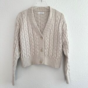 Naadam Cable Knit Cardigan Sweater Women Small Oatmeal Cropped V-Neck Minimalist
